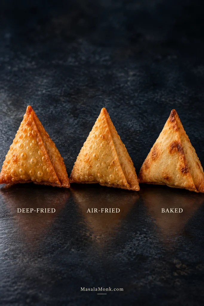 Three matching samosa patti triangles comparing the appearance of deep-fried, air-fried and baked shells on a dark surface.