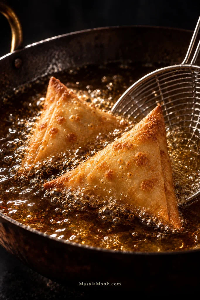 Two thin patti samosas frying in bubbling golden oil in a dark metal pan with a wire skimmer beside them.