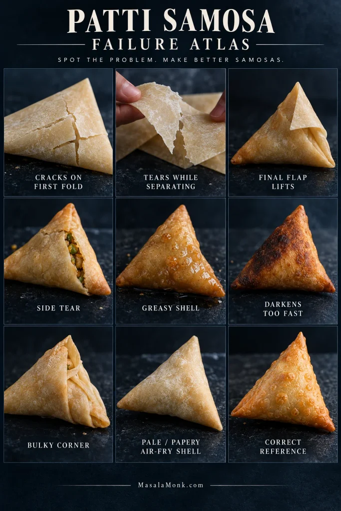 Nine-panel samosa patti troubleshooting atlas showing cracking, tearing, lifted flap, side tear, greasy shell, fast browning, bulky fold, pale air-fried shell and a correct reference samosa.