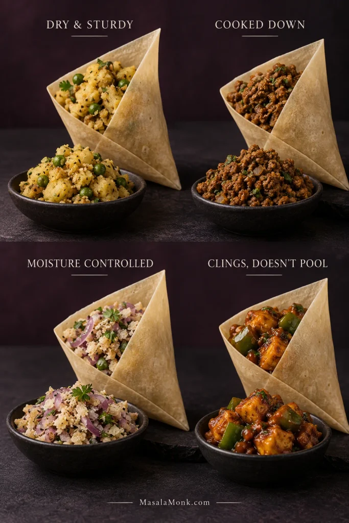 Four samosa patti filling examples showing dry potato, cooked-down minced meat, moisture-controlled onion mixture and glossy sauce coating ingredients without pooling.
