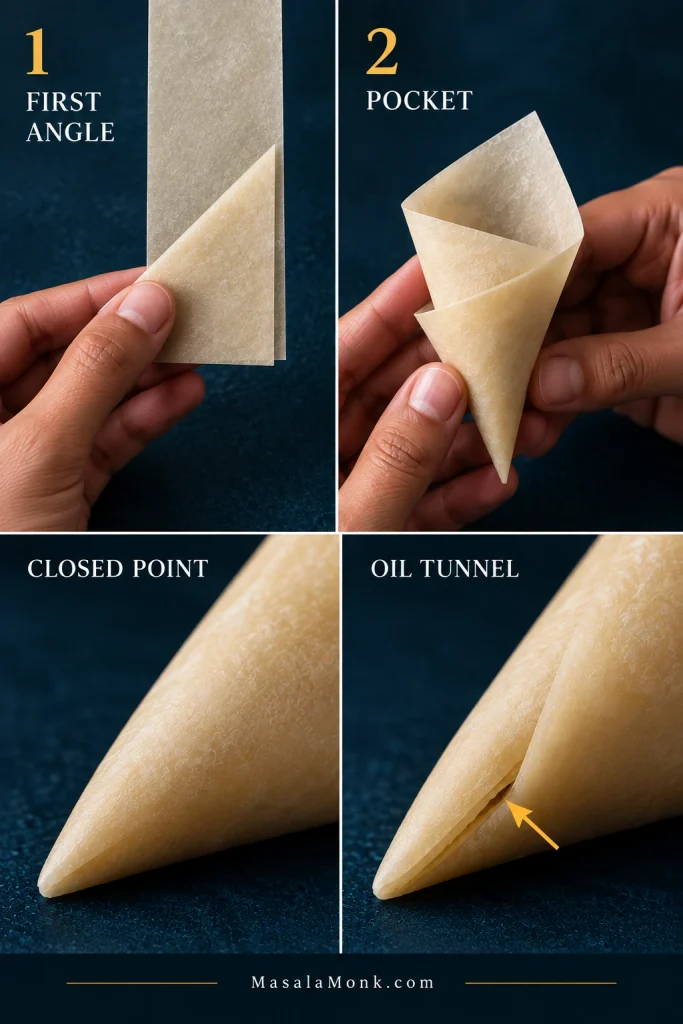 Samosa patti folding close-ups showing the first diagonal fold, formed pocket, a tightly closed pointed end and a small open seam that can let oil enter.