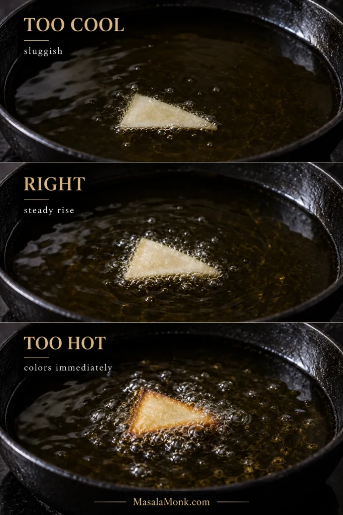 Three-panel oil test showing the same samosa patti scrap bubbling slowly in cool oil, steadily at the right heat and browning quickly in overly hot oil.