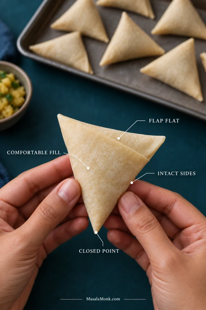 Finished raw samosa patti held in both hands with callouts for a closed point, intact sides, flat flap and comfortable filling level.