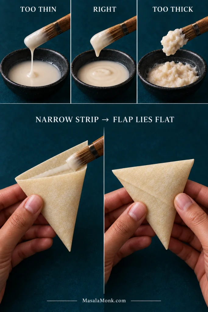 Samosa sealing guide comparing runny, correct and overly thick flour paste, followed by a narrow paste strip and a flat sealed patti flap.