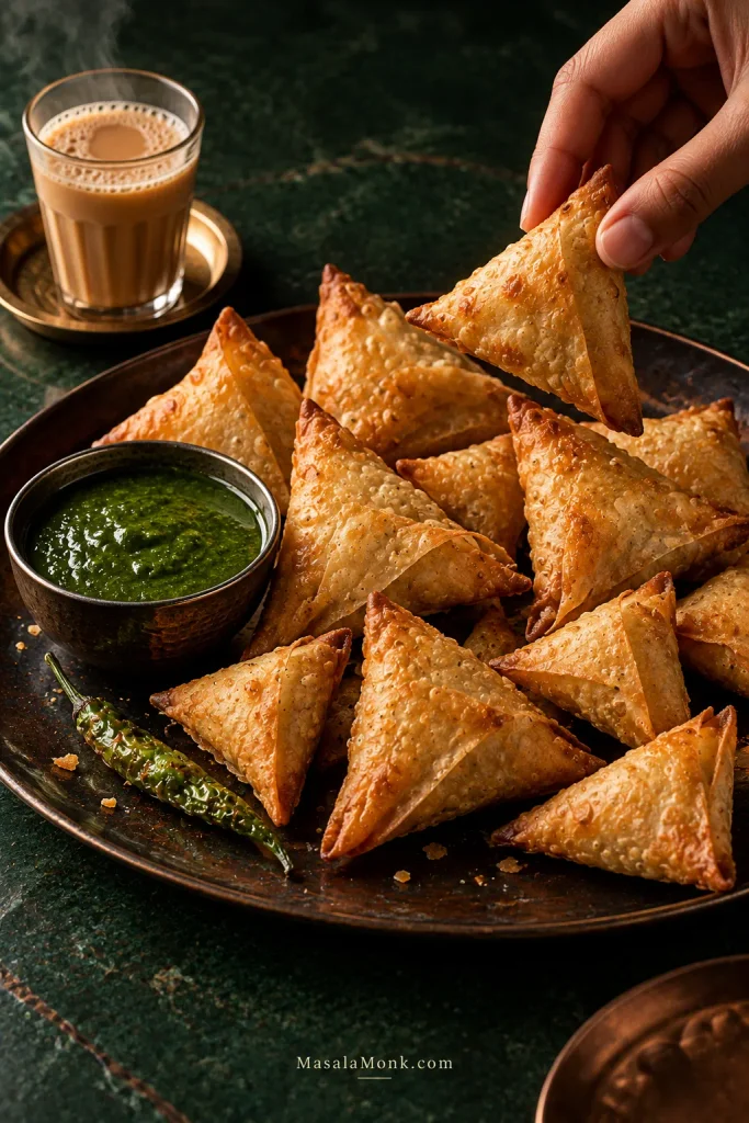 Platter of crisp golden patti samosas in mixed sizes served with green chutney, a fried green chilli and a glass of hot chai.