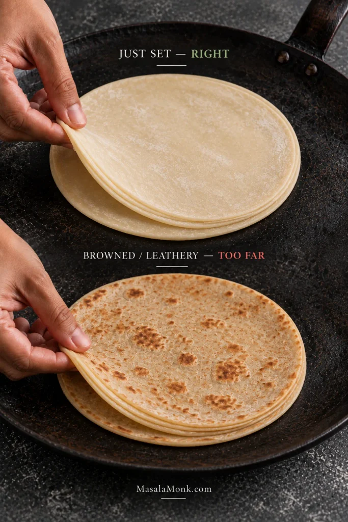 Side-by-side samosa patti stacks showing the correct pale, just-set stage and an overcooked stack with brown patches and drier edges.