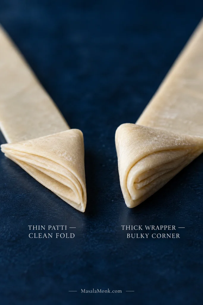 Macro comparison of thin samosa patti forming a compact folded corner and a thicker wrapper forming a visibly bulky layered corner.