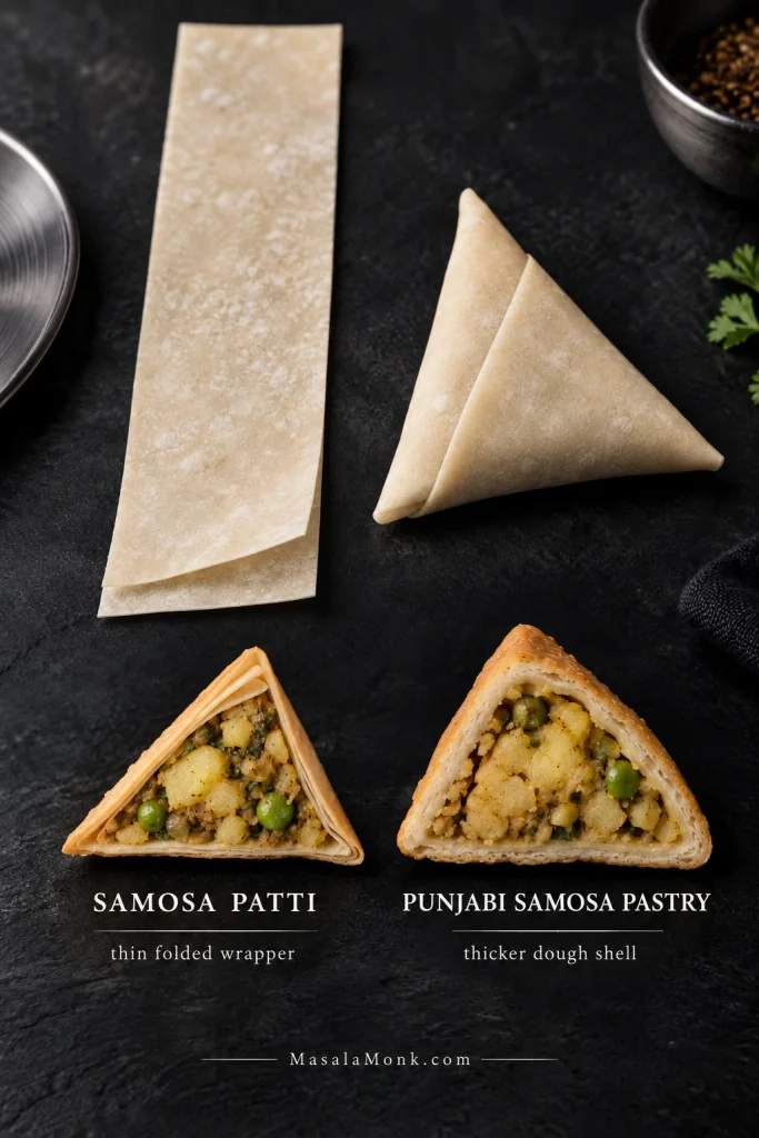 Comparison of a long raw samosa patti strip and thin folded patti shell with the thicker dough shell used for Punjabi samosas.
