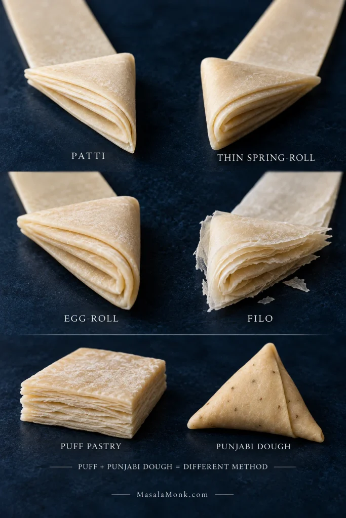 Comparison of folded samosa patti, thin spring-roll wrapper, thicker egg-roll wrapper, fragile filo, puff pastry and Punjabi samosa dough.