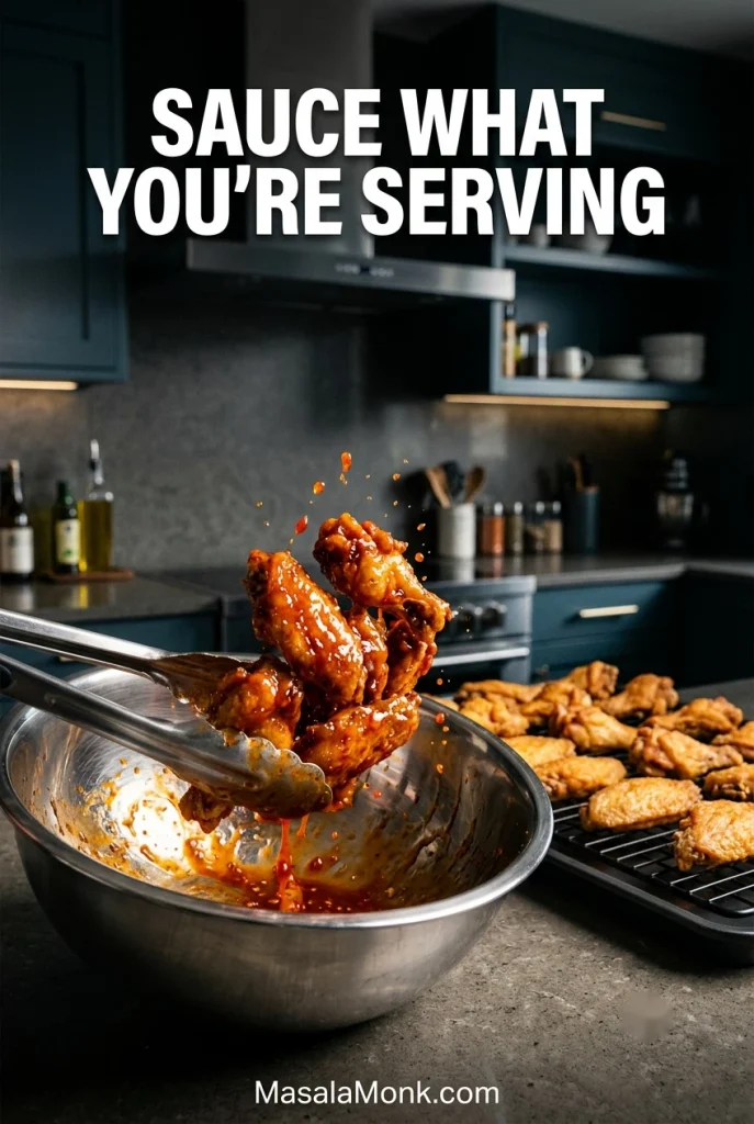 Metal tongs tossing a small batch of chicken wings in glossy sauce inside a stainless bowl, with a larger batch of dry baked wings on a rack behind it.