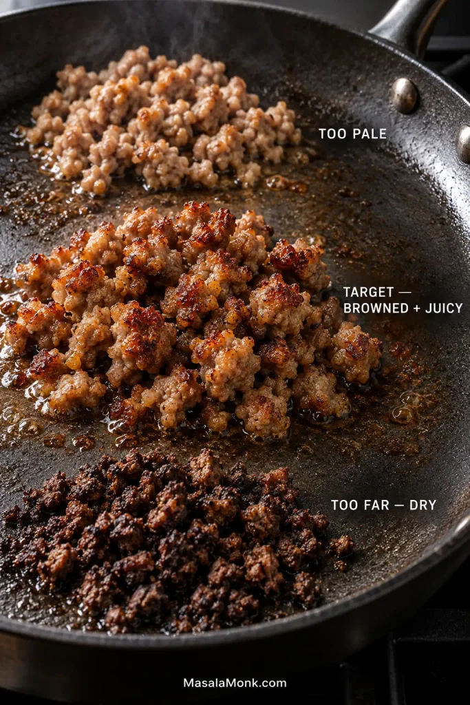 Three cooked sausage stages labeled Too Pale, Target and Too Far, comparing lightly browned, juicy browned and dark dry sausage crumbles.