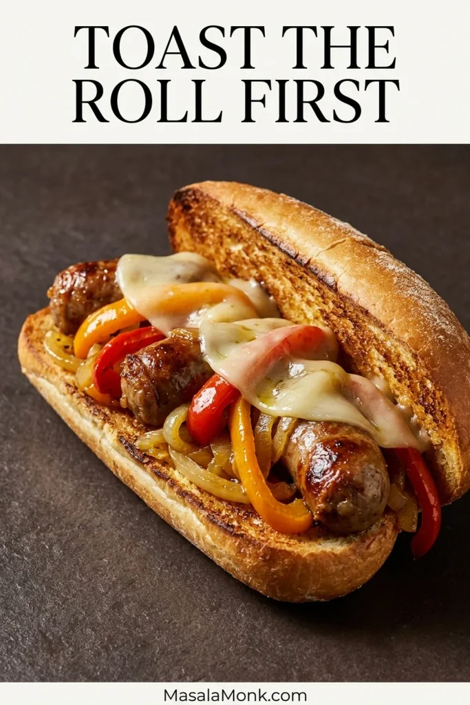 Toasted hoagie roll filled with sliced Italian sausage, roasted red, orange and yellow peppers, golden onion and softened provolone, with the browned bread interior visible.