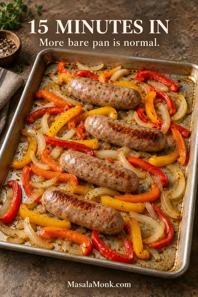 Partially roasted Italian sausage with softened red, orange and yellow peppers and onions after about 15 minutes, with more exposed aluminum visible between the food.