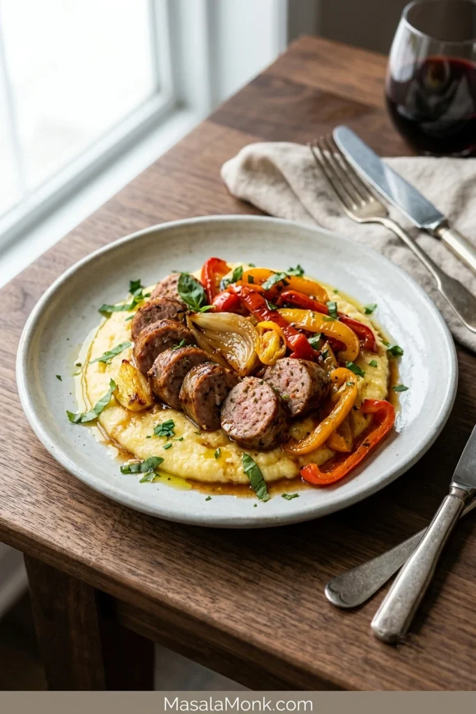 Thick slices of browned Italian sausage with roasted bell peppers and onions served over a creamy pale side on a warm-toned ceramic dinner plate.