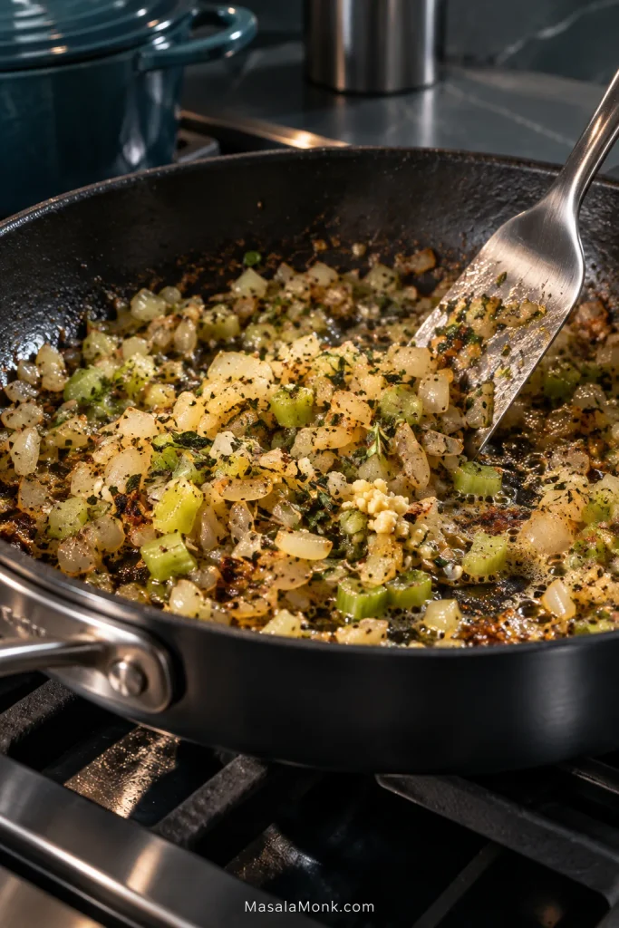 Onion, celery, garlic and herbs cooking in sausage fat in a dark skillet with browned bits visible across the pan.