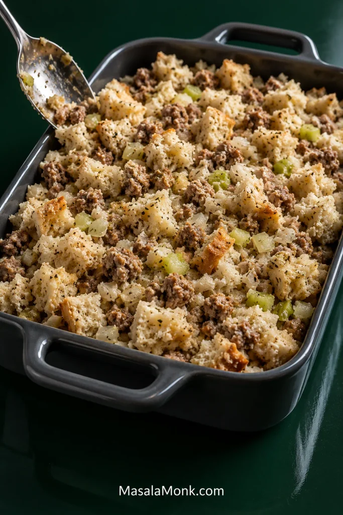 Unbaked sausage stuffing spread loosely in a dark casserole with irregular bread peaks, gaps, sausage, onion and celery rather than a compressed flat surface.