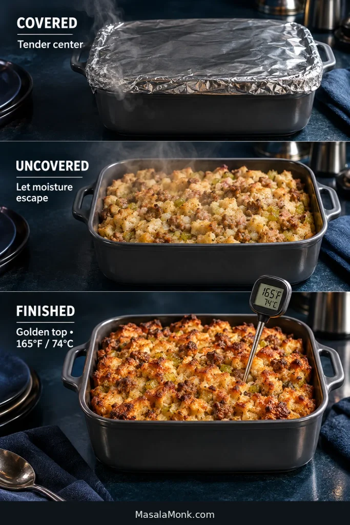 Three stages of one sausage stuffing casserole: covered with foil, uncovered and pale, then golden brown with a thermometer reading 165°F or 74°C.