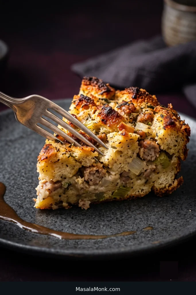 Side view of a crisp corner of sausage stuffing on a dark plate as a fork breaks through browned bread into the softer sausage, onion and celery-filled center.