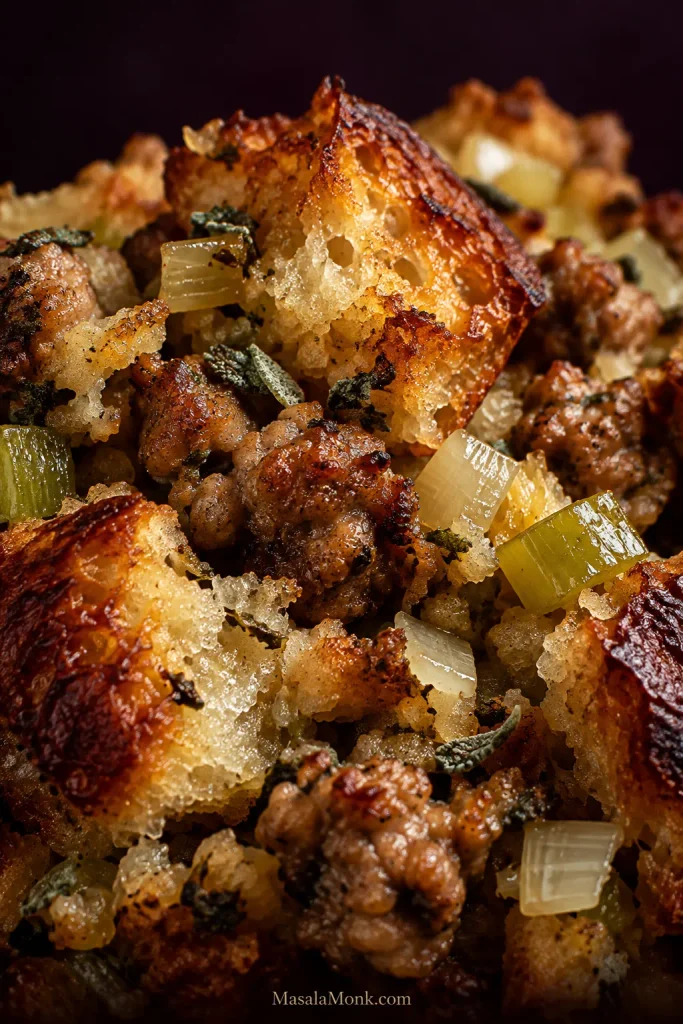 Extreme close-up of baked sausage stuffing showing browned crisp bread edges, tender interior pieces, sausage crumbles, onion and celery.