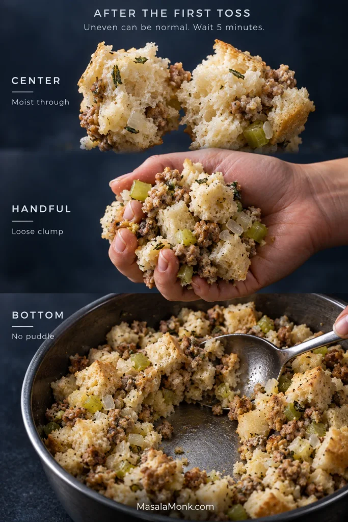 Three-part pre-egg stuffing check showing a moist bread center, a handful forming a loose clump and the bowl bottom without pooled stock.