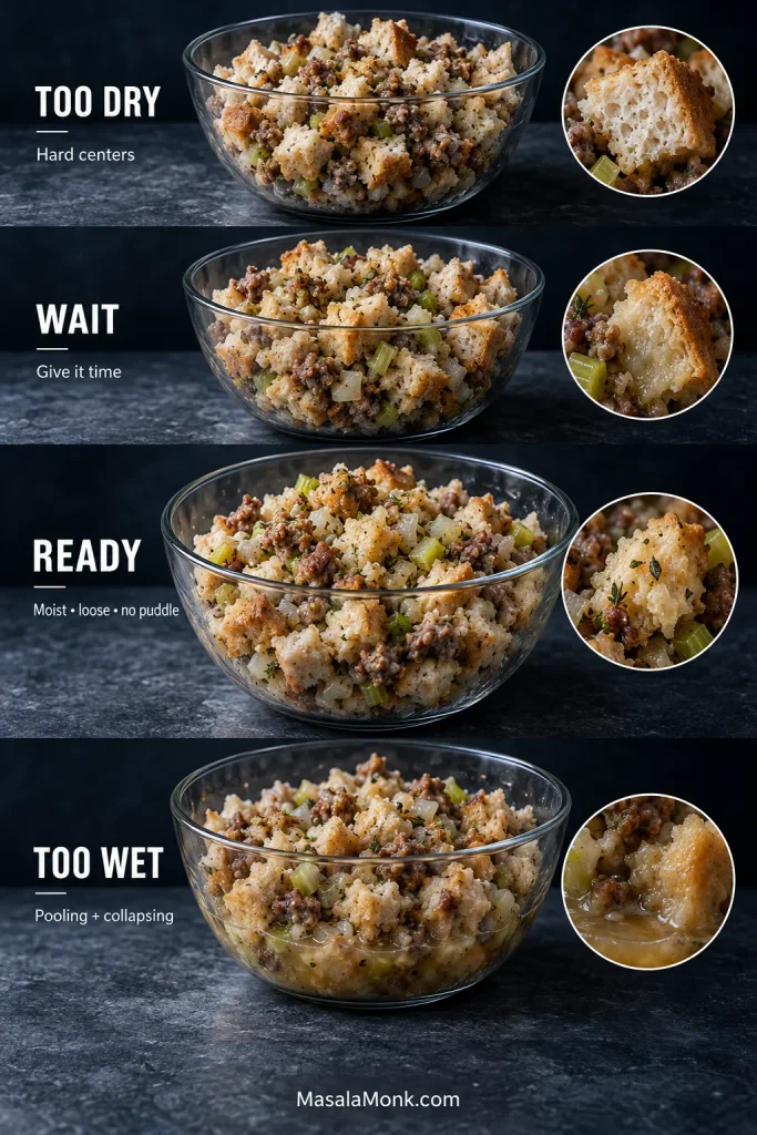 Four pre-bake stuffing moisture states labeled Too Dry, Wait, Ready and Too Wet, showing dry centers, uneven absorption, proper hydration and excess pooled liquid.