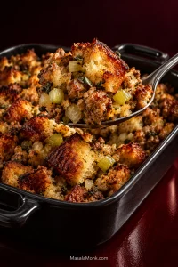 Dark casserole of golden sausage stuffing with a silver spoon lifting a crisp corner, revealing tender bread pieces, browned sausage, onion and celery.