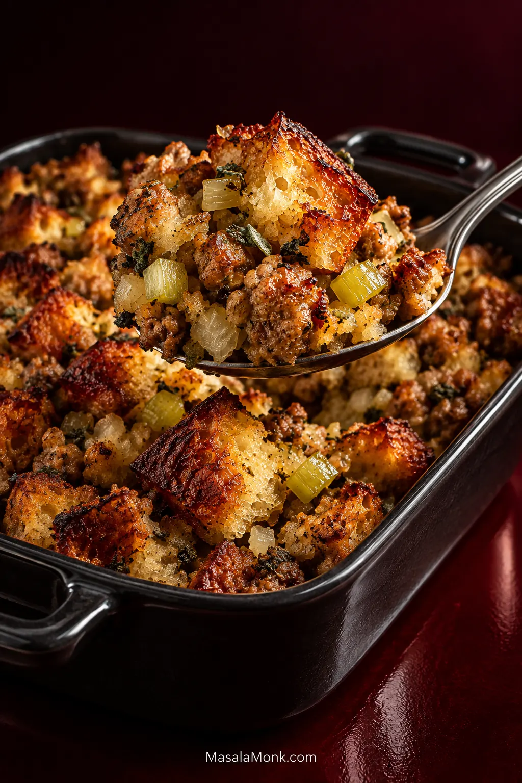 Dark casserole of golden sausage stuffing with a silver spoon lifting a crisp corner, revealing tender bread pieces, browned sausage, onion and celery.