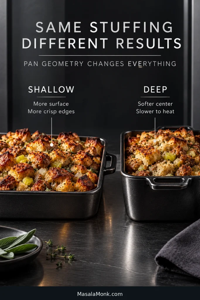 Side-by-side shallow and deep pans of the same sausage stuffing, showing more browned surface in the shallow pan and a thicker layer in the deep pan.