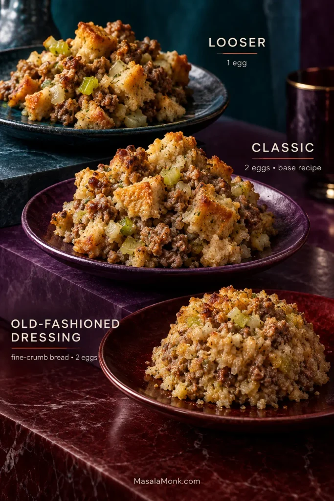 Three stuffing textures comparing loose bread pieces, classic moderately cohesive sausage stuffing and softer fine-crumb old-fashioned dressing.