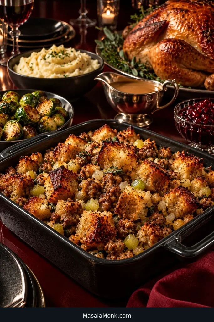 Thanksgiving table with sausage stuffing in the foreground beside roast turkey, gravy, mashed potatoes, Brussels sprouts and cranberry sauce.