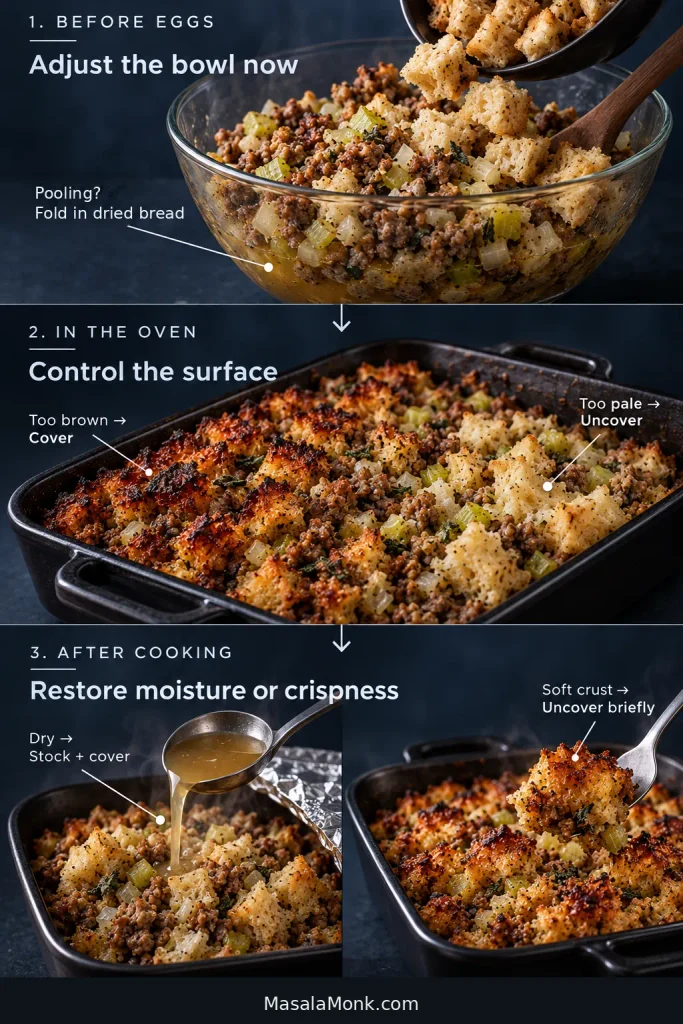 Three-stage sausage stuffing troubleshooting guide showing excess liquid corrected before eggs, browning adjusted in the oven and cooked stuffing restored after baking.