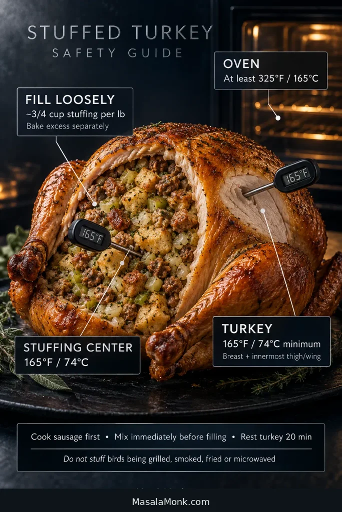 Cutaway roast turkey filled loosely with stuffing, with callouts for three-quarter cup per pound, a minimum 325°F oven and 165°F temperatures for turkey and stuffing.