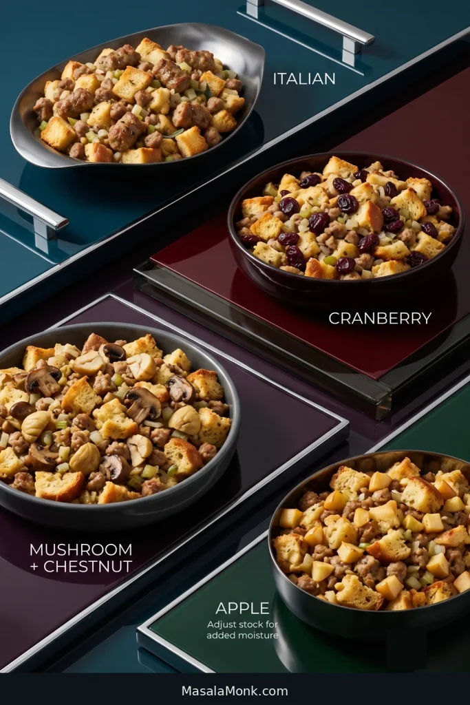 Four bread-based sausage stuffing variations labeled Italian, Cranberry, Mushroom plus Chestnut and Apple, with each addition mixed through visible bread and sausage.