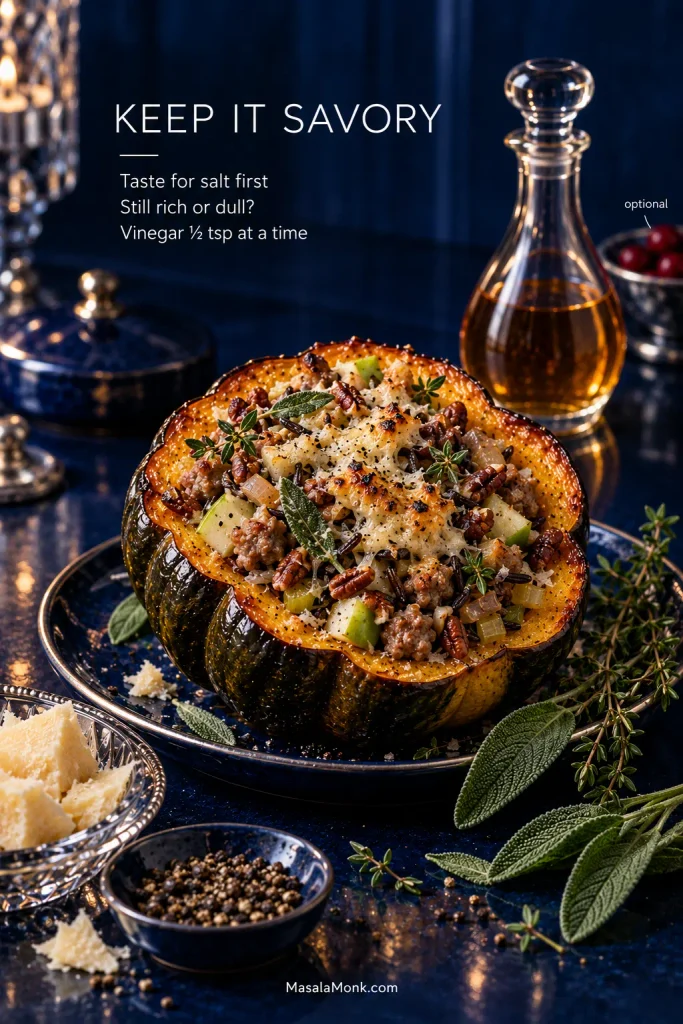 Savory stuffed acorn squash with sausage, wild rice, green apple, pecans and herbs beside cider vinegar used for seasoning balance.