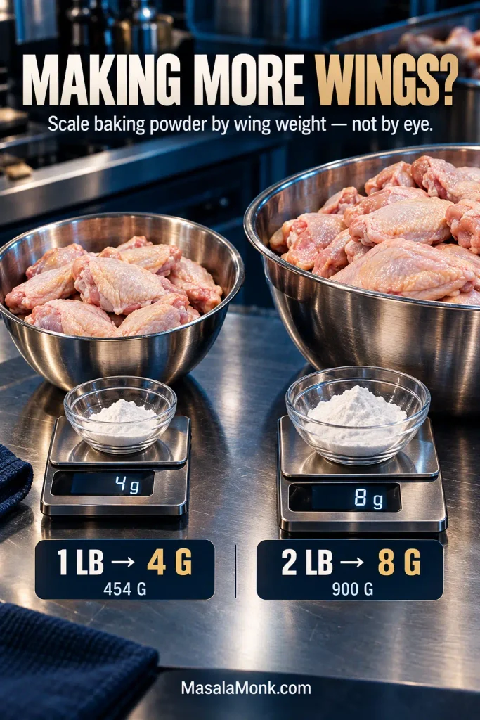 Two stainless bowls of raw chicken wings beside scales showing 4 grams and 8 grams of baking powder for 1-pound and 2-pound batches.