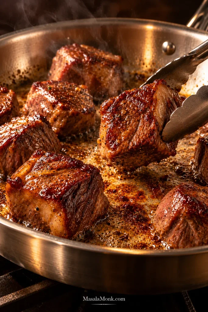 Beef cubes browning in a stainless-steel skillet while tongs turn one piece, with dark browned fond visible on the pan.