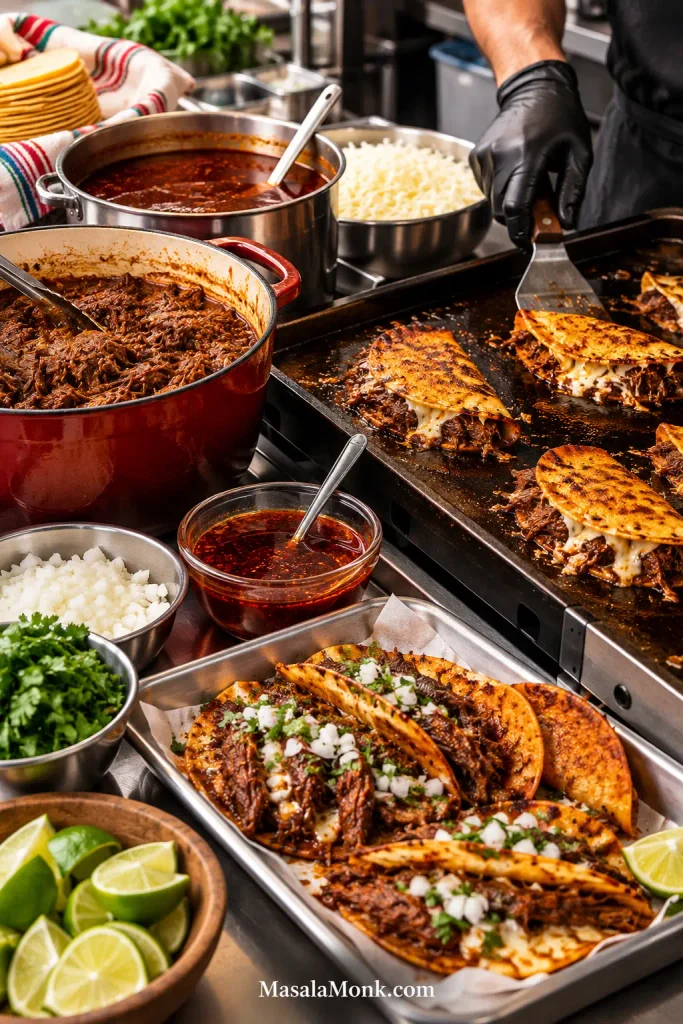 Active birria taco station with hot beef, consommé, tortillas, cheese, red fat and garnishes surrounding a griddle where quesabirria tacos are cooking.