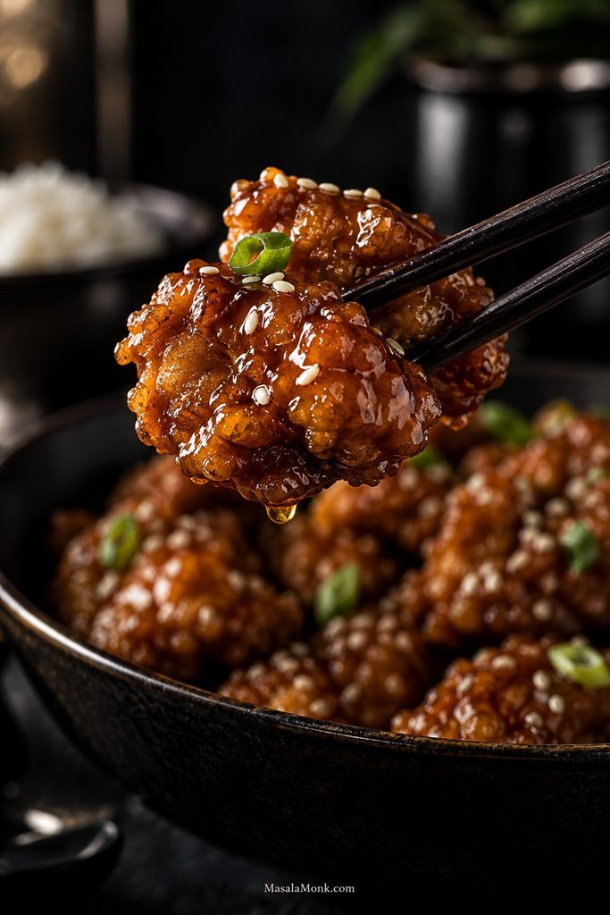 Dark chopsticks lifting two glossy sesame chicken pieces above a bowl, with visible crisp ridges, sesame seeds, scallion and a small glaze droplet.