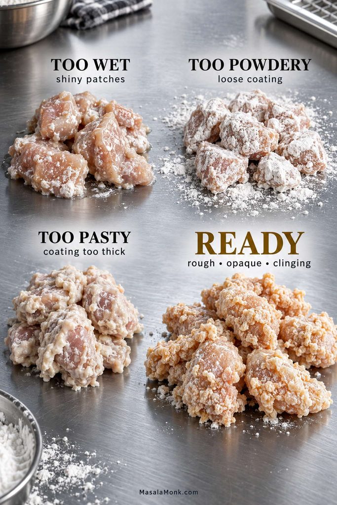 Four coating examples for sesame chicken: too wet, too powdery, too pasty, and ready with rough opaque coating clinging to the chicken.