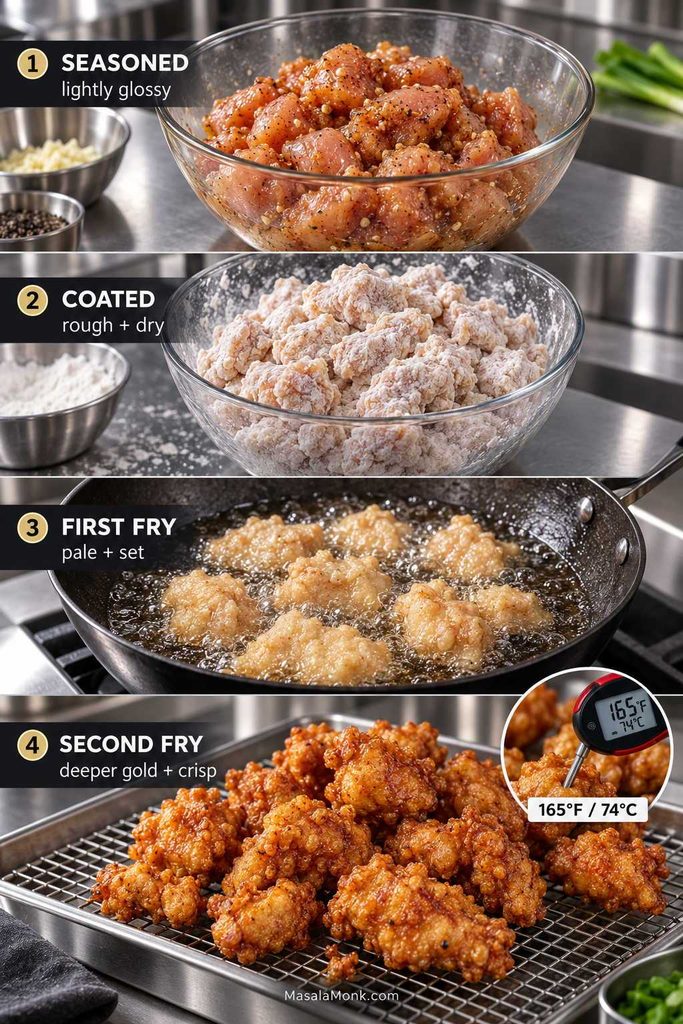 Four-step sesame chicken guide showing lightly glossy seasoned chicken, rough dry coating, pale first fry, crisp second fry, and a 165°F / 74°C temperature check.