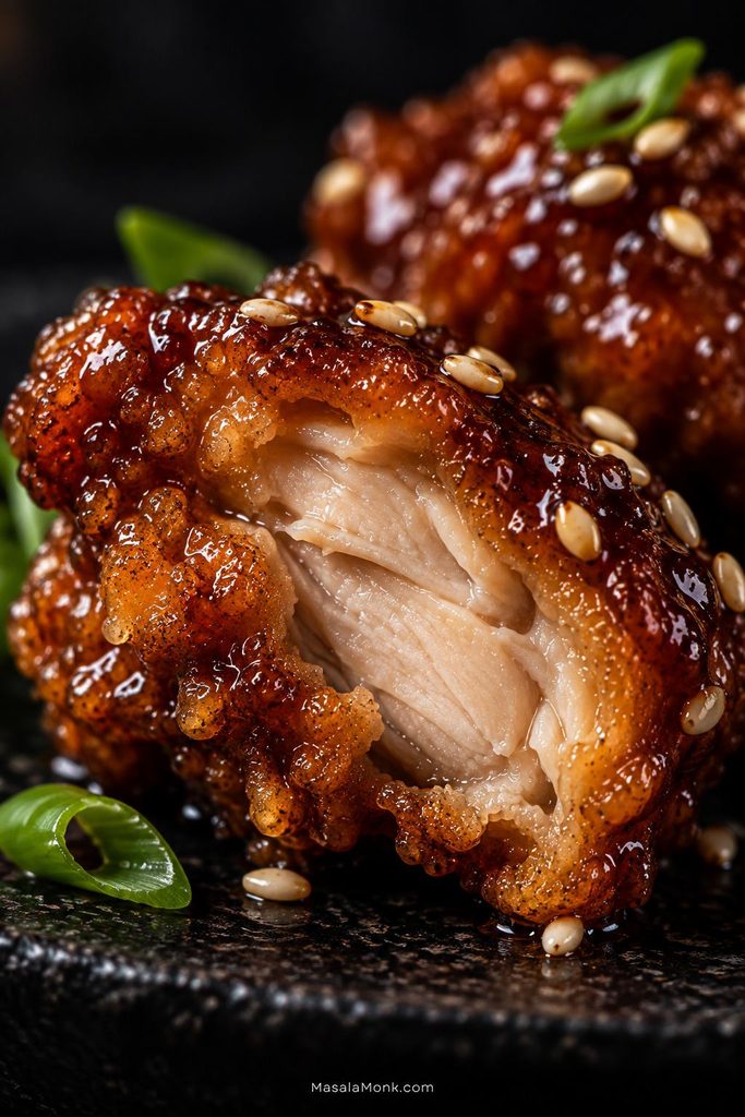 Extreme close-up of a cut sesame chicken piece showing moist cooked chicken, craggy fried crust, thin amber glaze, sesame seeds and scallion.