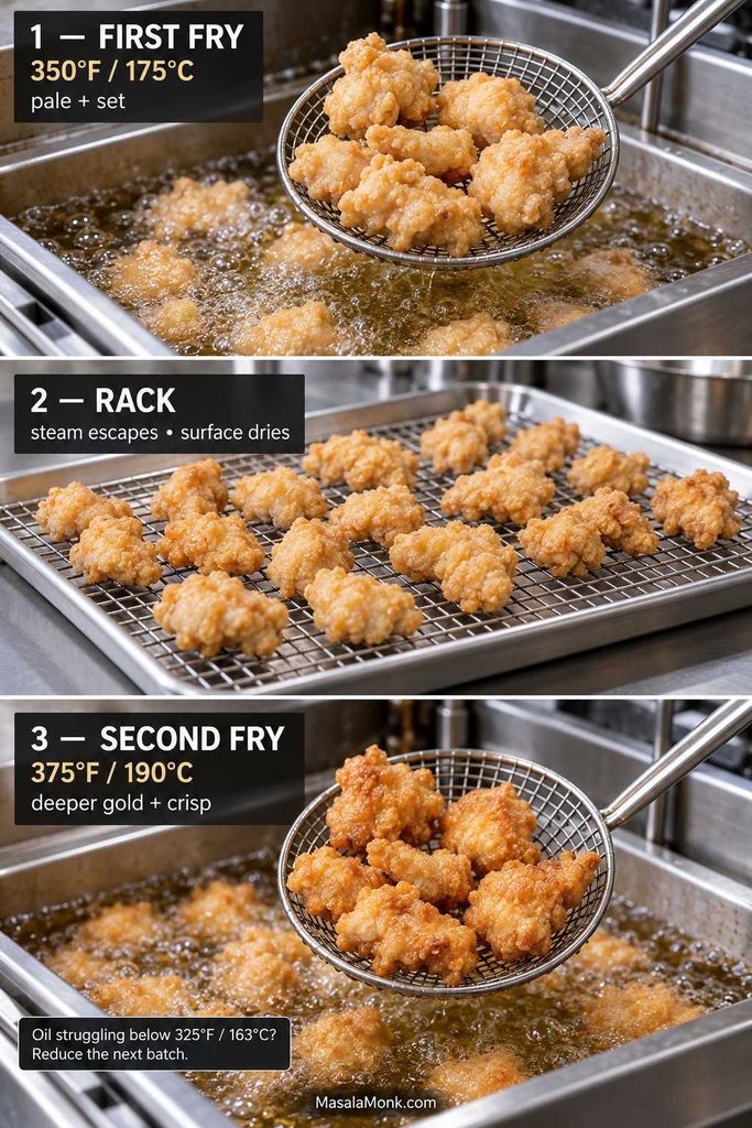 Three-stage sesame chicken frying guide showing a pale first fry at 350°F / 175°C, rack rest to dry the crust, and crisp second fry at 375°F / 190°C.
