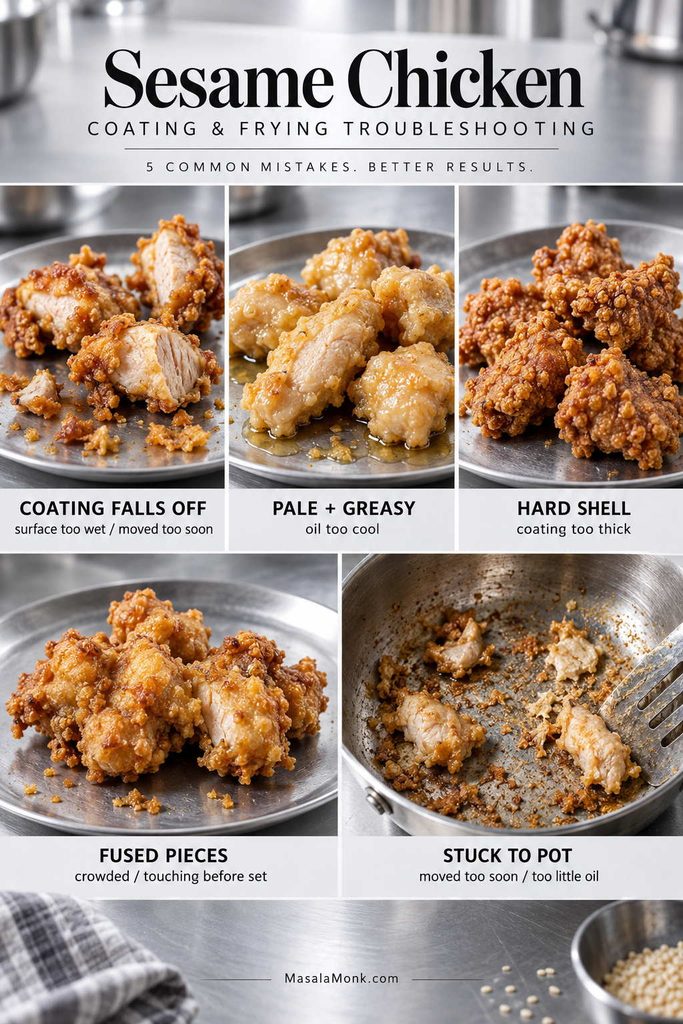 Five sesame chicken frying problems shown together: coating falling off, pale greasy crust, hard coating, fused pieces, and chicken stuck to the pot.
