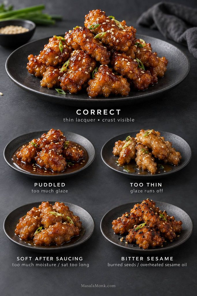 Glaze troubleshooting board showing correct thin lacquer, puddled glaze, glaze that is too thin, softened chicken after saucing, and bitter scorched sesame.