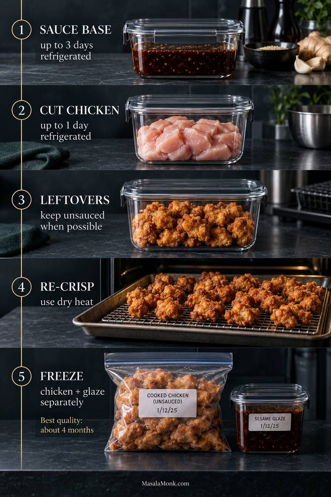 Five-step sesame chicken storage guide showing sauce base, cut raw chicken, unsauced leftovers, dry-heat re-crisping, and cooked chicken frozen separately from glaze.