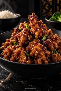 Bowl of crispy sesame chicken coated in thin amber-brown glaze, lightly topped with sesame seeds and scallions, with rice and broccoli behind.