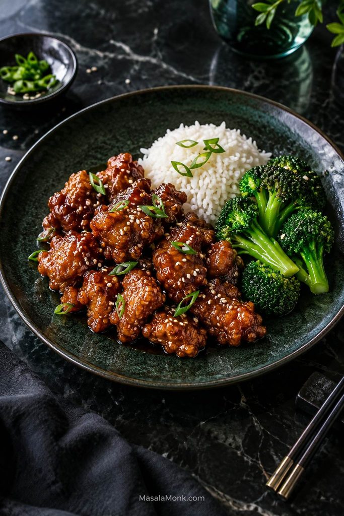 Plate of glazed sesame chicken served with steamed white rice and bright green broccoli on a dark green ceramic plate.