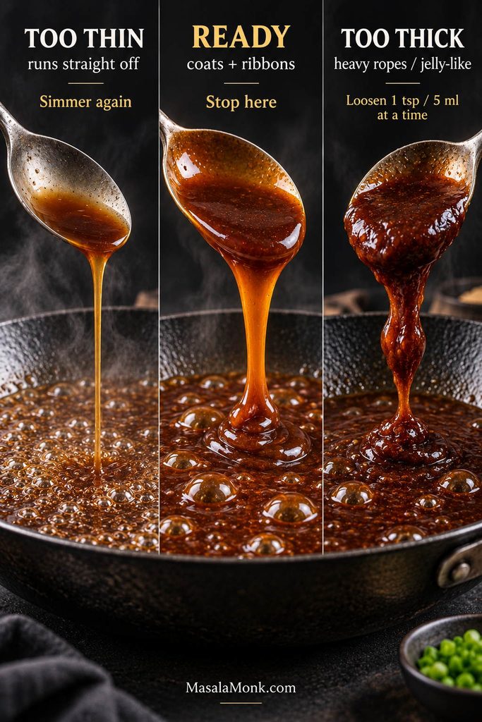 Three spoon tests for sesame chicken glaze showing sauce that is too thin and runny, ready and ribboning, and too thick and rope-like.