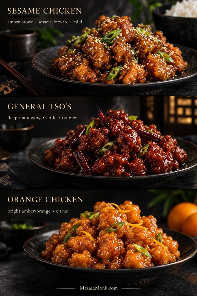 Three plated chicken dishes compared vertically: amber sesame chicken with sesame, dark General Tso's chicken with dried chiles, and brighter orange chicken with citrus.