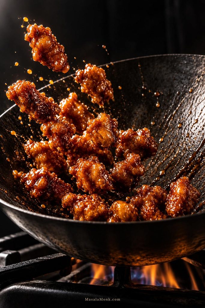 Sesame chicken pieces being tossed in a dark wok with thin amber glaze clinging to the craggy fried crust and no pool of sauce underneath.